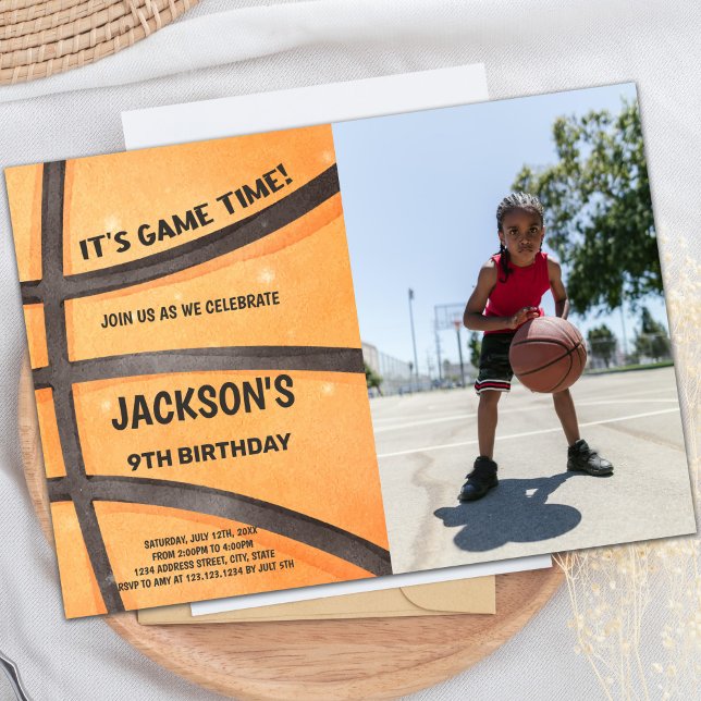 Basketball Birthday-inbjudningar med foto Inbjudningar (Full Basketball Birthday Invitations with photo)