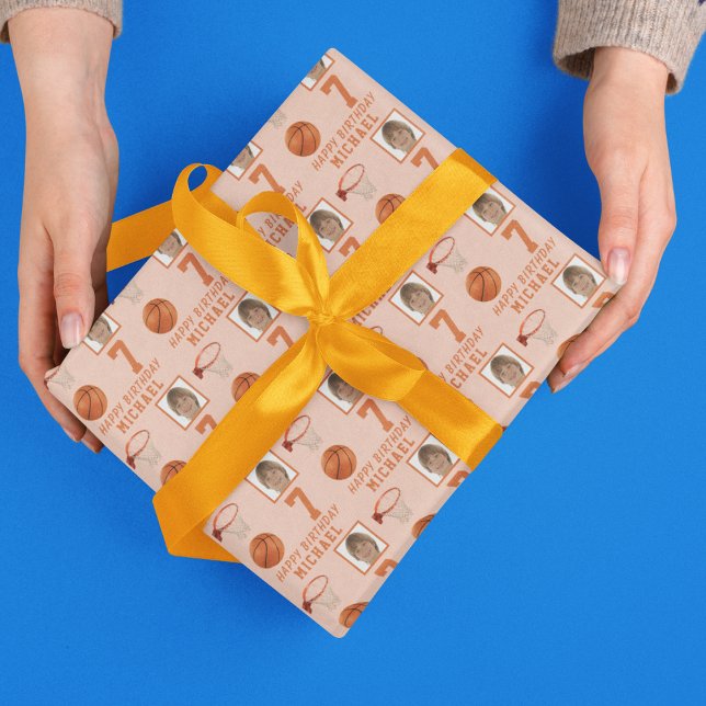 Basketball Boll Grattis på födelsedagen Photo Presentpapper (Basketball Ball Happy Birthday Photo Wrapping Paper)