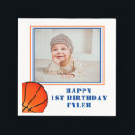 Basketball Boll Kids Photo Birthday Pappersservett<br><div class="desc">Basketball Boll Kids Photo Födelsedagsfest Napkins. Cute boys födelsedagsfest-blöjor. Konstruktionen har en basket boll. Lägg till ditt barns namn och ett foto.</div>