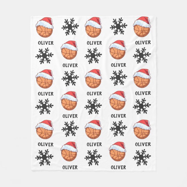 Basketball Boll med rött Santa Hat Snowflake Namn Fleecefilt (Framsidan)