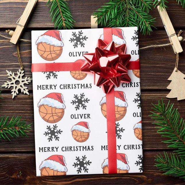Basketball Boll med rött Santa Hat Snowflake Namn Presentpapper (Skapare uppladdad)
