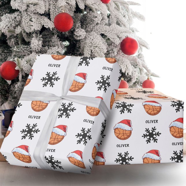 Basketball Boll med rött Santa Hat Snowflake Namn Presentpapper (Skapare uppladdad)