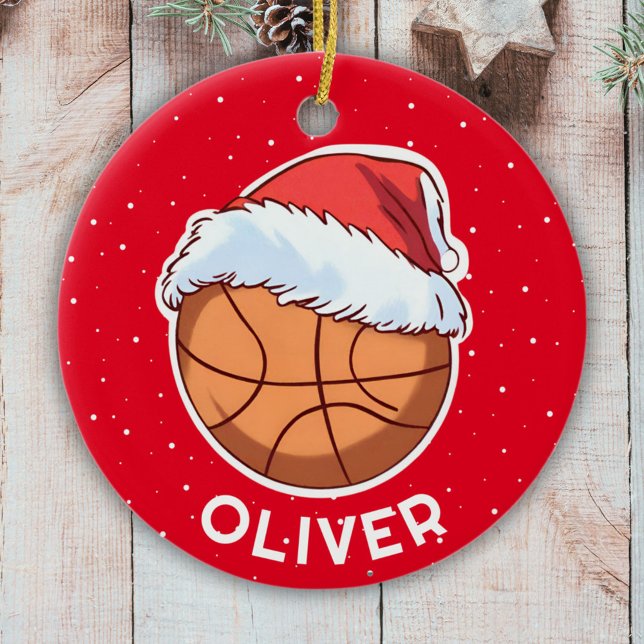 Basketball Boll Red Santa Hat jul Kid Namn Julgransprydnad Keramik (Skapare uppladdad)