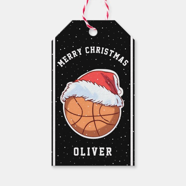 Basketball Boll Santa Hat Namn God jul Presentetikett (Framsidan)