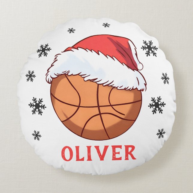 Basketball Boll Santa Hat Snowflake Namn Rund Kudde (Framsidan)