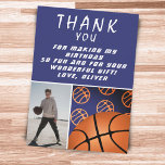 Basketball Boll Sports Birthday Photo Tack Kort<br><div class="desc">Basketball Boll idrottar födelsedagsfoto tack ditt kort. Modern basketballfödelsedag tack för ett kort för en pojke eller en flicka som kärlek basketboll. Basketball mönster med olika orange basketball bollar. Lägg till fotot och tack för meddelandet.</div>