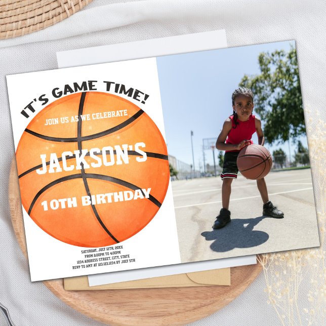 Basketball Boll vit inbjudan till Fullt Photo Bask (Full Ball Photo Basketball Ball White Invitations)