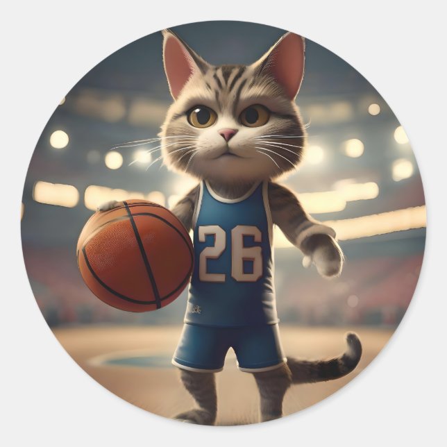 Basketball Cat Runt Klistermärke (Framsida)