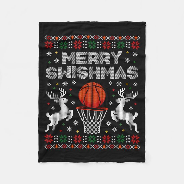 Basketball Christmas Ugly Sweater Merry Swishmas M Fleecefilt (Framsidan)