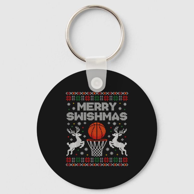 Basketball Christmas Ugly Sweater Merry Swishmas M Nyckelring (Framsida)