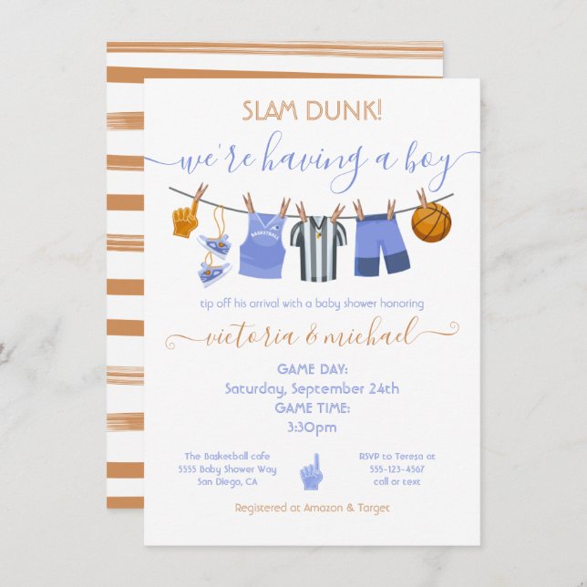 Basketball Clothesline Baby Shower-inbjudan Inbjudningar (Fram/baksida)