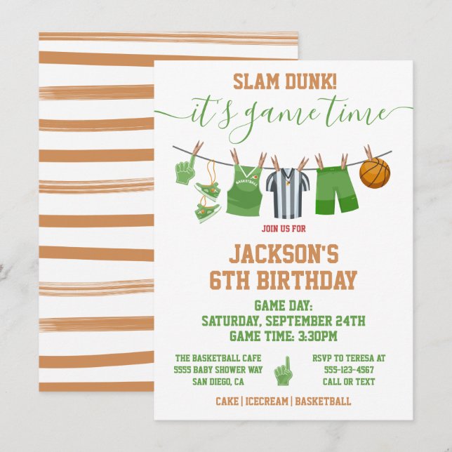 Basketball Clothesline Födelsedagsfest inbjudan (Fram/baksida)