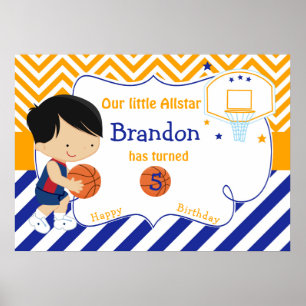 Basketball Cute Black Hair Boy Birthday Poster
