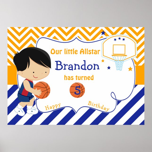 Basketball Cute Black Hair Boy Birthday Poster (Framsidan)