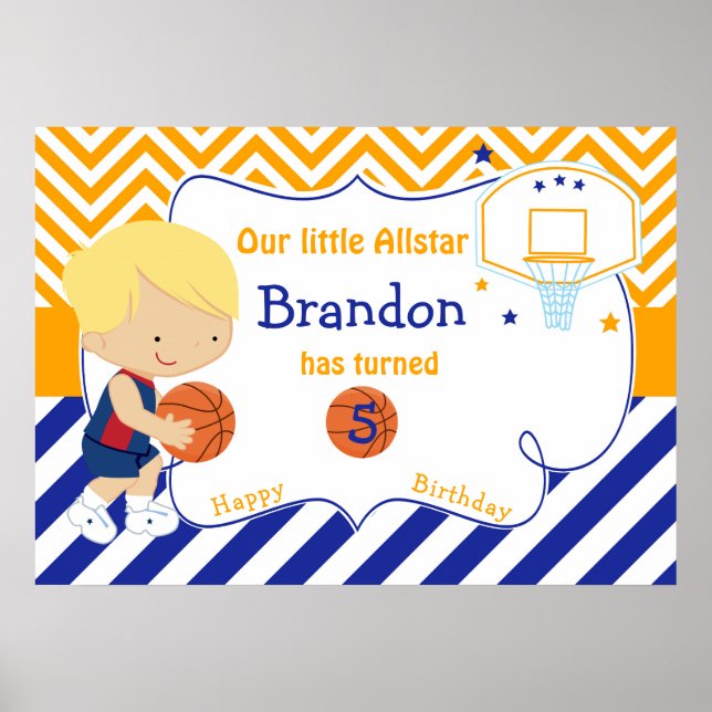 Basketball Cute Blonde Boy Birthday Poster (Framsidan)