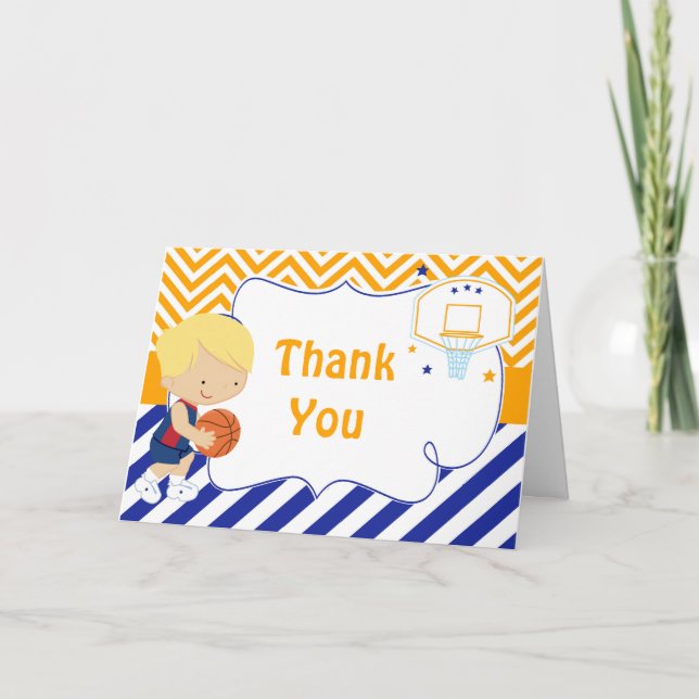 Basketball Cute Blonde Hair Boy Födelsedagsfest Tack Kort (Framsida)