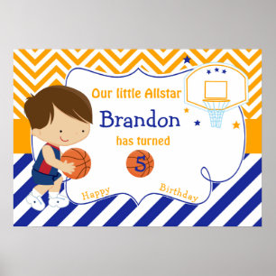 Basketball Cute Brunette Boy Birthday Poster