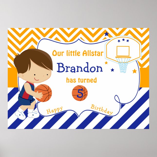 Basketball Cute Brunette Boy Birthday Poster (Framsidan)