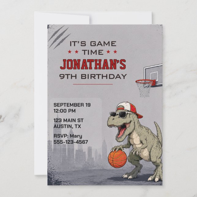 Basketball Dinosaur Födelsedagsinbjudan Inbjudningar (Framsida)