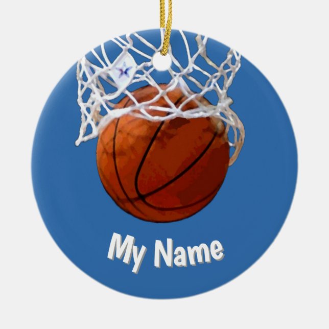 Basketball Ditt Namn Anpassad Stålblå Bakgrund Julgransprydnad Keramik (Framsidan)