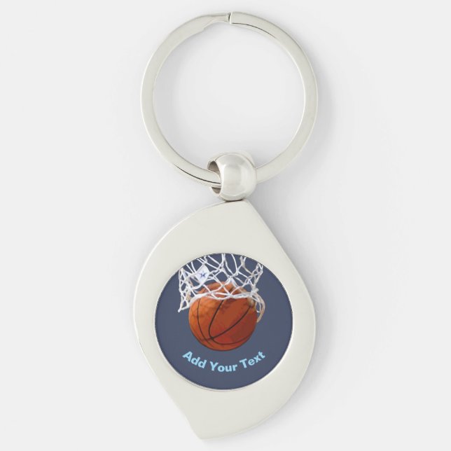 Basketball Ditt Namn Text Meddelande Slogan Anpass Swirl Silverfärgad Nyckelring (Framsidan)