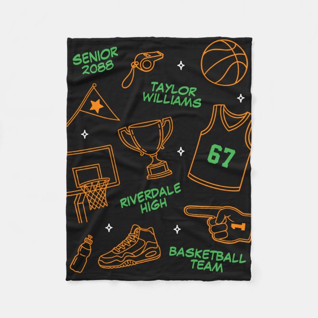 Basketball Doodle Pattern Custom Name Senior Gift Fleecefilt (Framsidan)