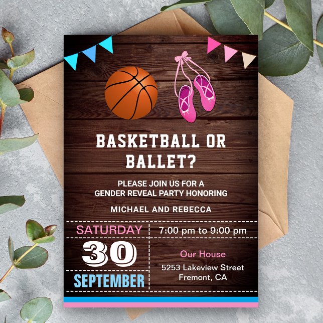 Basketball eller Ballet Gender Reveal Party Inbjudningar (Skapare uppladdad)