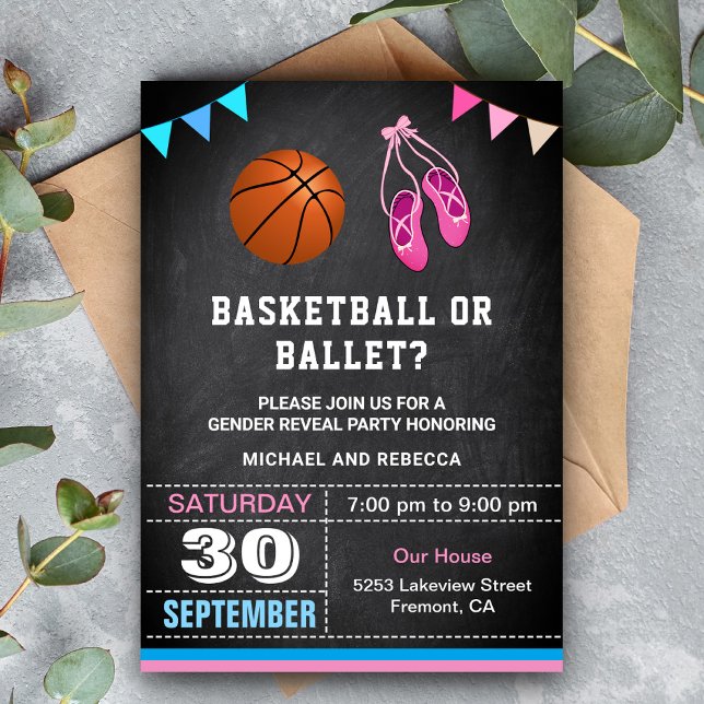 Basketball eller Ballet Gender Reveal Party Inbjudningar (Skapare uppladdad)
