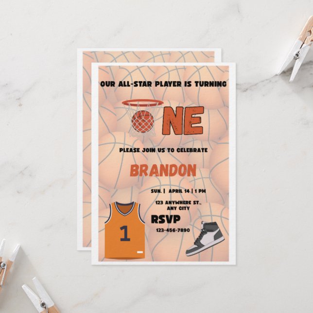 Basketball First Birthday Invitation | All Star Inbjudningar (Fram/Back In Situ)