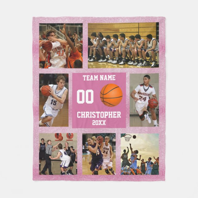 Basketball fotocollage Rosa Glitter Fleecefilt (Framsidan)