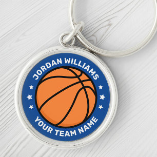 Basketball namn och lagets vita stjärnor blå rund silverfärgad nyckelring