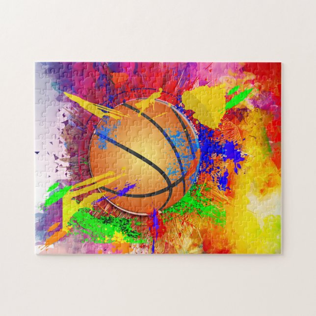 Basketball Neon Paint Splatter Modern Roligt Pussel (Horisontell)