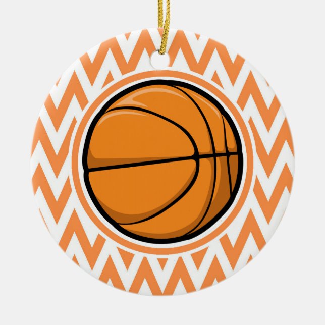 Basketball on Orange and White Chevron Julgransprydnad Keramik (Framsidan)