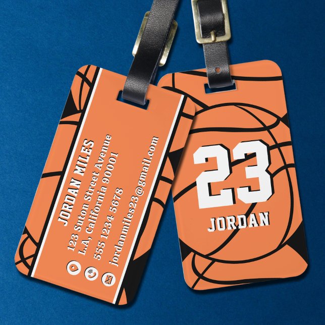 Basketball Orange Ball Custom Name & Jersey Number Bagagebricka (Skapare uppladdad)