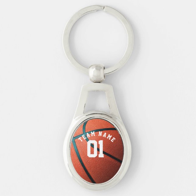 BASKETBALL PERSONLIG Namn KEYCHAIN Ovalt Silverfärgad Nyckelring (Framsidan)