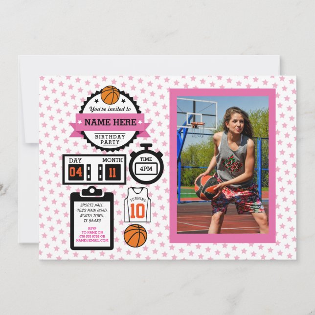 Basketball Photo Birthday Rosa Sport Party Girls Inbjudningar (Framsida)