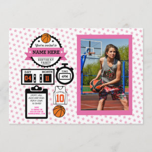 Basketball Photo Birthday Rosa Sport Party Girls Inbjudningar