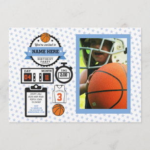 Basketball Photo Birthday Sport Party Blue Boys Inbjudningar