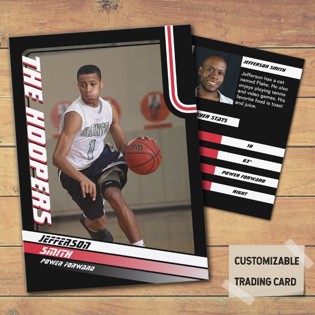 Basketball Player Anpassningsbar Black Trading Car (Basketball Player Trading Card in Black with custom team name and player name with Red stripes)