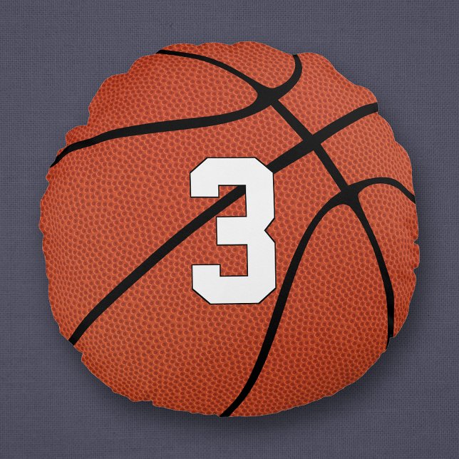 Basketball Player Anpassningsbar Jersey Number Spo Rund Kudde (Round basketball pillow with custom basketball player jersey number or initials / letters.)