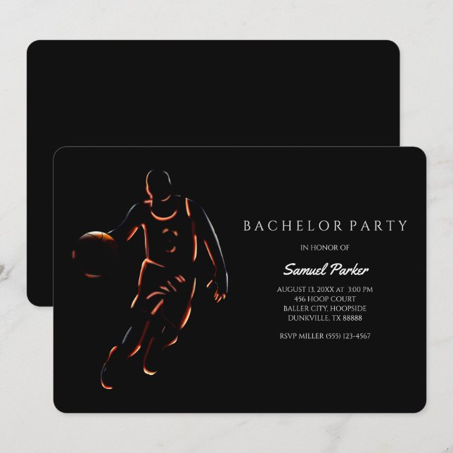 Basketball Player Bachelor/Födelsedagsfest Sports Inbjudningar (Fram/baksida)