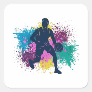 Basketball Player Grungy Färg Stänk Fyrkantigt Klistermärke