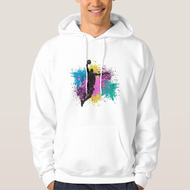 Basketball Player Grungy Färg Stänk Hoodie (Framsida)