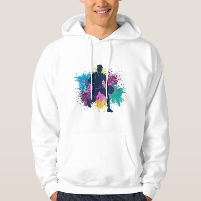 Basketball Player Grungy Färg Stänk Hoodie (Framsida)