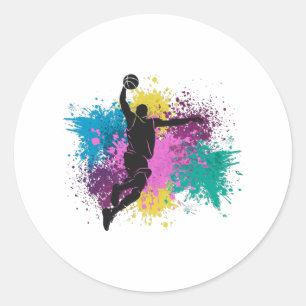 Basketball Player Grungy Färg Stänk Runt Klistermärke