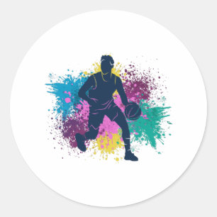 Basketball Player Grungy Färg Stänk Runt Klistermärke
