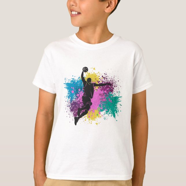 Basketball Player Grungy Färg Stänk T Shirt (Framsida)