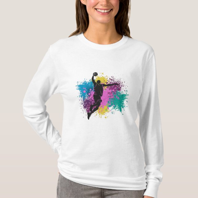 Basketball Player Grungy Färg Stänk T Shirt (Framsida)