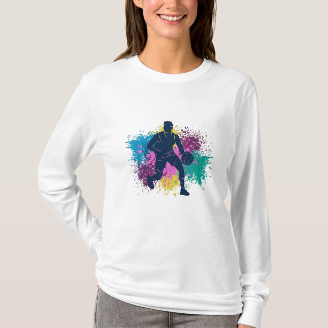 Basketball Player Grungy Färg Stänk T Shirt (Framsida)