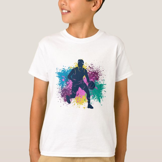 Basketball Player Grungy Färg Stänk T Shirt (Framsida)